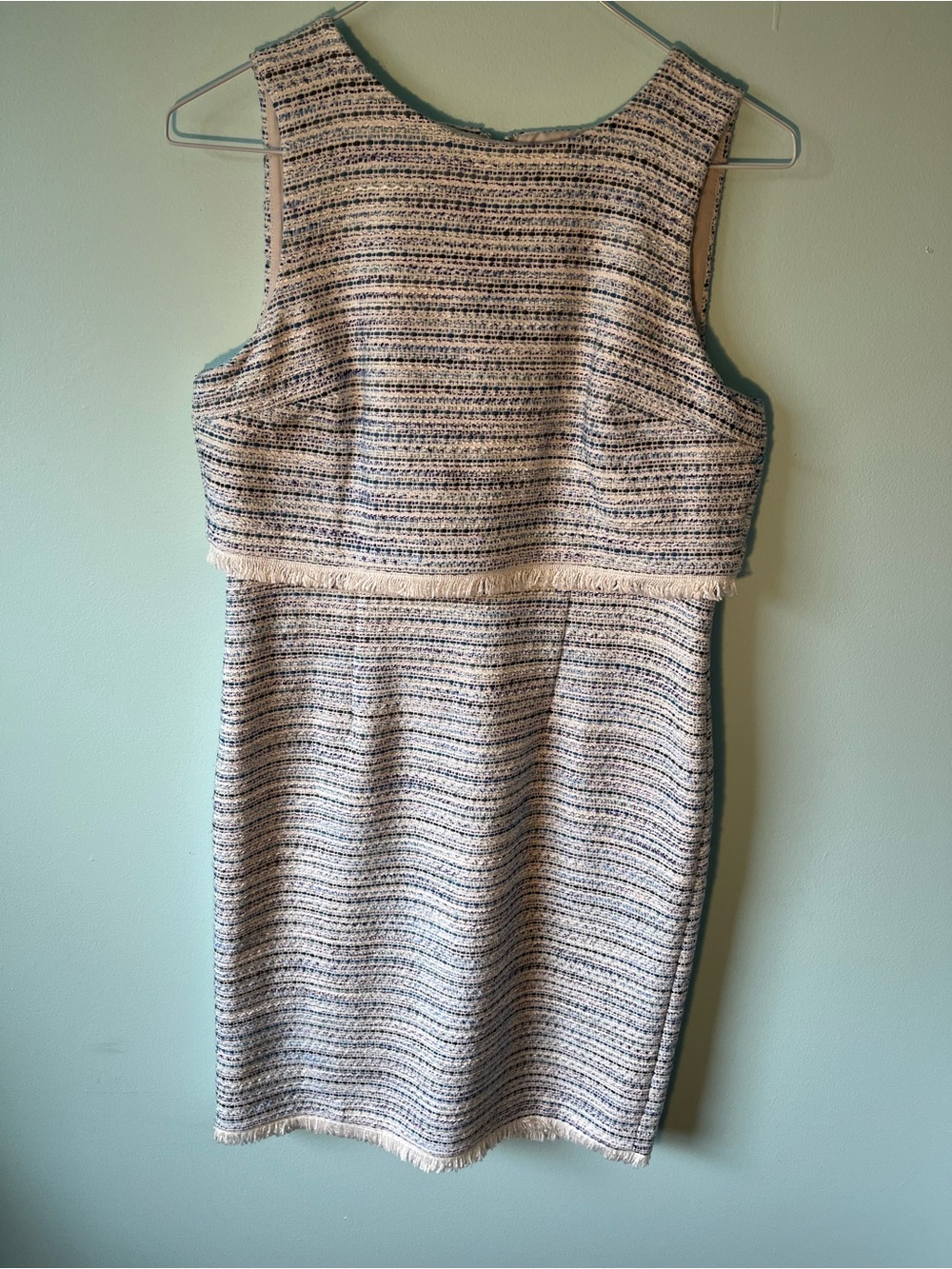 Ann Taylor Cream and Blue Tweed Knee Length Dress with Fringe Trim